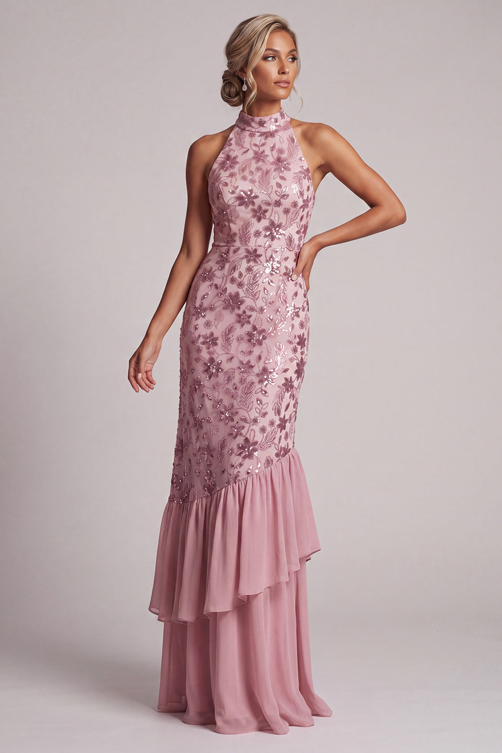 Vestido de madre de novia vintage malva con volantes con volantes, funda sin espalda, largo vestido de madre de novia