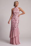 Vestido de madre de novia vintage malva con volantes con volantes, funda sin espalda, largo vestido de madre de novia