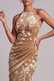 Vestido largo de sirena de sirena con cuello de terciopelo champán y largo de la novia con drapeado