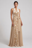 Vestido largo de madre de la novia Jacquard con escote húlter de terciopelo champán