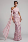 Vestido largo de sirena de un hombro rosa brillante con cuentas