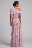 Vestido largo de sirena de un hombro rosa brillante con cuentas