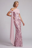 Vestido largo de sirena de un hombro rosa brillante con cuentas