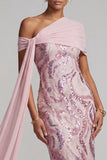 Vestido largo de sirena de un hombro rosa brillante con cuentas