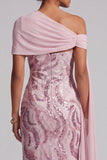 Vestido largo de sirena de un hombro rosa brillante con cuentas