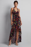 Vestido de madre de la novia de terciopelo floral negro con escote alto y bajo asimétrico en línea A con volantes laterales