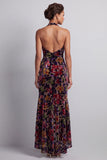 Vestido de madre de la novia de terciopelo floral negro con escote alto y bajo asimétrico en línea A con volantes laterales