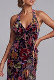 Vestido de madre de la novia de terciopelo floral negro con escote alto y bajo asimétrico en línea A con volantes laterales