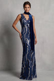 Vestido largo de la madre de la novia de encaje azul marino oscuro con lentejuelas