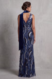 Vestido largo de la madre de la novia de encaje azul marino oscuro con lentejuelas