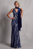 Vestido largo de la madre de la novia de encaje azul marino oscuro con lentejuelas