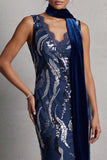 Vestido largo de la madre de la novia de encaje azul marino oscuro con lentejuelas