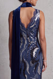 Vestido largo de la madre de la novia de encaje azul marino oscuro con lentejuelas
