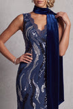 Vestido largo de la madre de la novia de encaje azul marino oscuro con lentejuelas