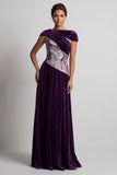 Vestido de Madre de la Novia Largo de Veludo de Terciopelo Ciruela Bateau Con Lentejuelas Arrugadas