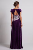 Vestido de Madre de la Novia Largo de Veludo de Terciopelo Ciruela Bateau Con Lentejuelas Arrugadas
