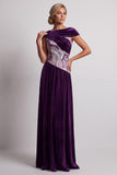 Vestido de Madre de la Novia Largo de Veludo de Terciopelo Ciruela Bateau Con Lentejuelas Arrugadas