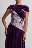 Vestido de Madre de la Novia Largo de Veludo de Terciopelo Ciruela Bateau Con Lentejuelas Arrugadas