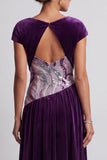 Vestido de Madre de la Novia Largo de Veludo de Terciopelo Ciruela Bateau Con Lentejuelas Arrugadas