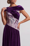 Vestido de Madre de la Novia Largo de Veludo de Terciopelo Ciruela Bateau Con Lentejuelas Arrugadas