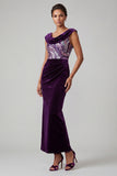 Vestido de madre de la novia de terciopelo ciruela, cuello capucho