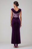 Vestido de madre de la novia de terciopelo ciruela, cuello capucho