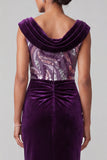 Vestido de madre de la novia de terciopelo ciruela, cuello capucho