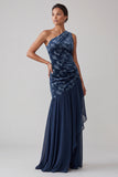 Vestido asimétrico de sirena de chiffon de terciopelo azul marino de un hombro
