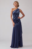 Vestido asimétrico de sirena de chiffon de terciopelo azul marino de un hombro