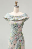 Vestido largo de madre de la novia, vestido largo de jacquard floral floral descubierto