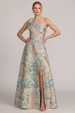 Vestido largo de madre de novia, vestido asimétrico asimétrico de un solo hombro floral jacquard en línea A, largo de madre de novia con abertura