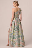 Vestido largo de madre de novia, vestido asimétrico asimétrico de un solo hombro floral jacquard en línea A, largo de madre de novia con abertura