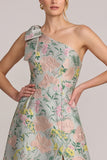 Vestido largo de madre de novia, vestido asimétrico asimétrico de un solo hombro floral jacquard en línea A, largo de madre de novia con abertura