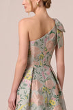 Vestido largo de madre de novia, vestido asimétrico asimétrico de un solo hombro floral jacquard en línea A, largo de madre de novia con abertura