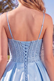 Corsé azul Línea A, lentejuelas, volantes, vestido corto de bienvenida con encaje en la espalda