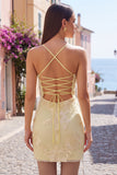 Corsé amarillo bodycon bordado floral Vestido corto de bienvenida con encaje en la espalda
