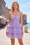 Vestido de bienvenida a casa sin tirantes de línea Fucsia A con apliques de encaje