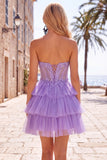 Vestido de bienvenida a casa sin tirantes de línea Fucsia A con apliques de encaje