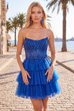 Vestido de bienvenida a casa sin tirantes de línea Fucsia A con apliques de encaje