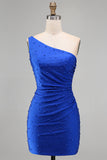 Vestido corto de bienvenida azul azul azul perlas de un solo hombro fruncido corto con cuentas