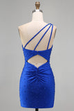 Vestido corto de bienvenida azul azul azul perlas de un solo hombro fruncido corto con cuentas