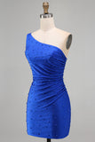 Vestido corto de bienvenida azul azul azul perlas de un solo hombro fruncido corto con cuentas