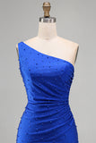 Vestido corto de bienvenida azul azul azul perlas de un solo hombro fruncido corto con cuentas