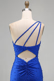 Vestido corto de bienvenida azul azul azul perlas de un solo hombro fruncido corto con cuentas