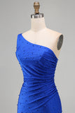 Vestido corto de bienvenida azul azul azul perlas de un solo hombro fruncido corto con cuentas