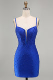 Corsé azul real perlas Bodycon vestido corto de bienvenida con cuentas