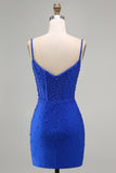Corsé azul real perlas Bodycon vestido corto de bienvenida con cuentas