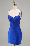 Corsé azul real perlas Bodycon vestido corto de bienvenida con cuentas