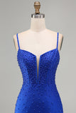 Corsé azul real perlas Bodycon vestido corto de bienvenida con cuentas