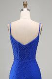 Corsé azul real perlas Bodycon vestido corto de bienvenida con cuentas